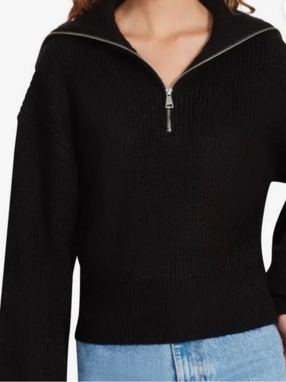 Steve Madden Black Half-Zip Ribbed Cowl Sweater